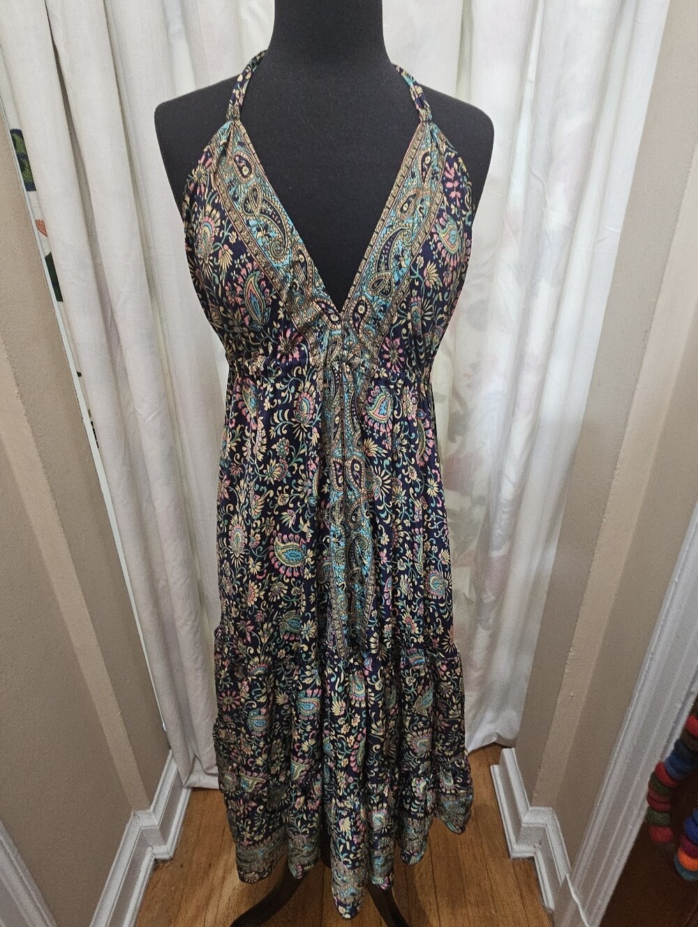 Boho Halter Maxi Dress in Black Paisley